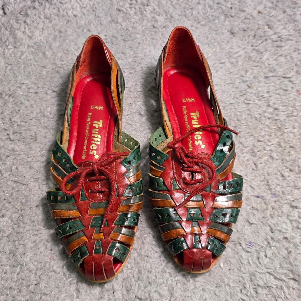 VTG Truffles Huarache Flats Multicolor Leather Woven Lace Up Women 6.5 Excellent